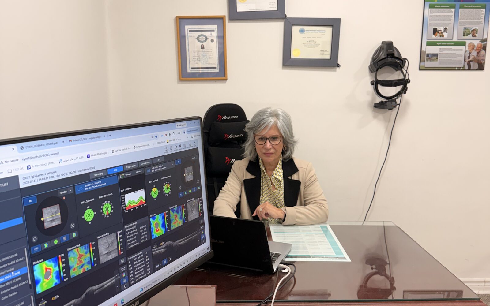 Dr. Roxanna Gangi examining retinal health to detect early signs of macular degeneration