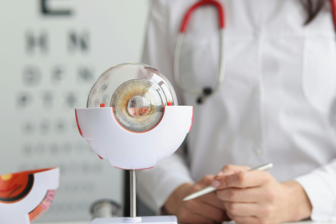 Optometrist reviewing a detailed anatomical eye model in front of a Snellen vision chart during a comprehensive eye exam at Pro Eye Exam in York Region