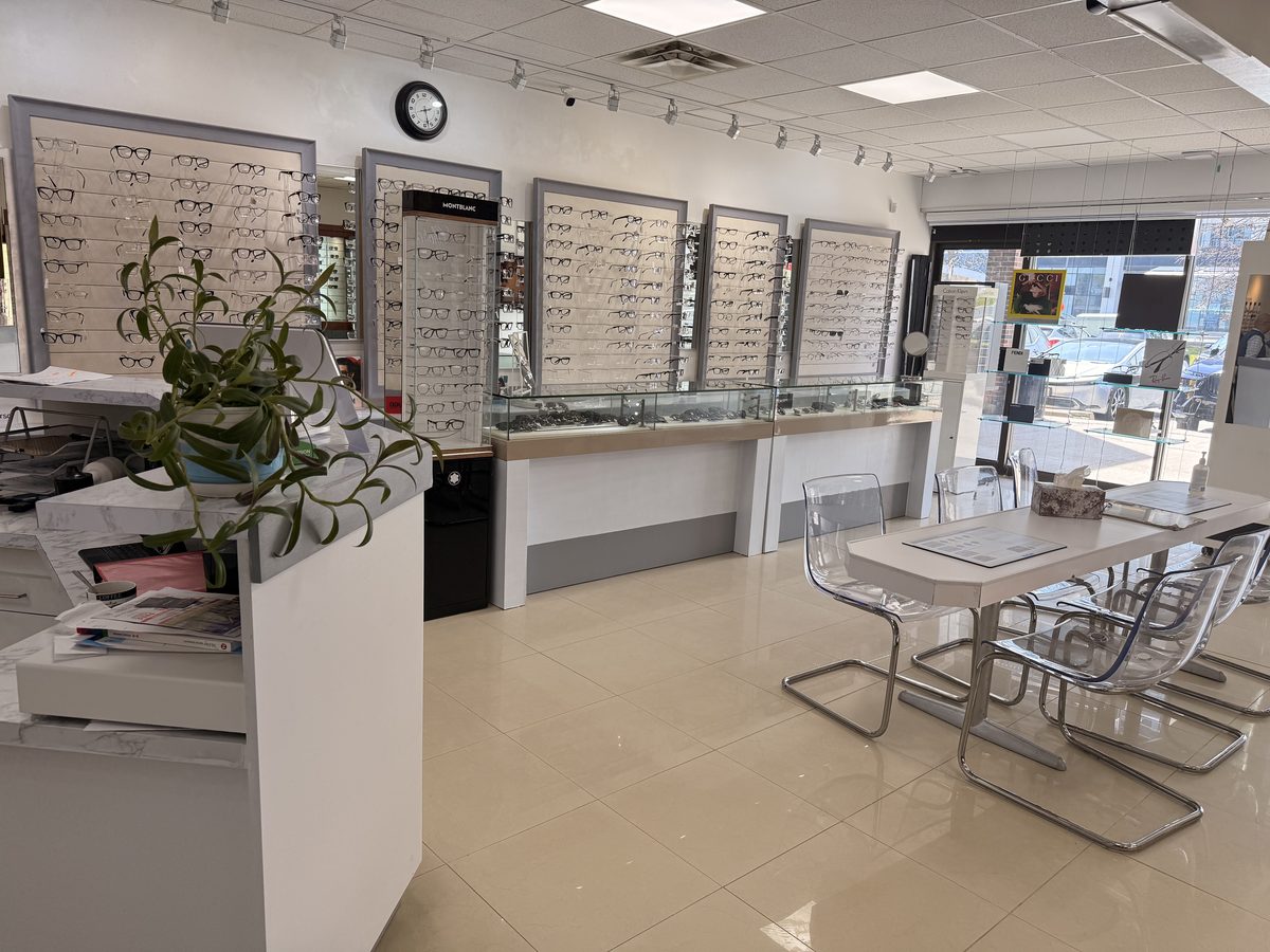Inside EyeStyle Optical & Optometry on Yonge Street in Thornhill — designer eyewear displays and patient consultation area where Dr. Roxanna Gangi performs comprehensive eye exams and contact lens fittings for York Region patients.