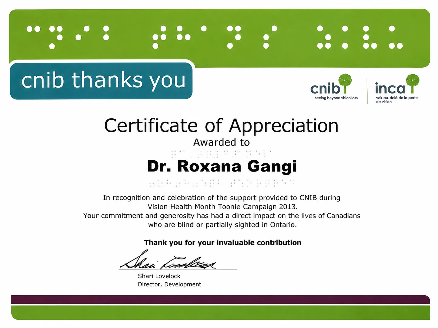 Dr. Roxanna Gangi's Certificate of Appreciation from CNIB for Vision Health Month.